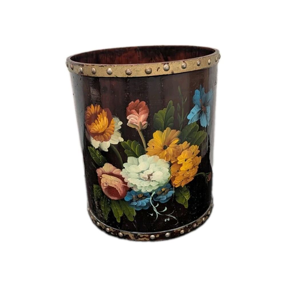 Hand Painted Floral Wood Waste Basket Black Gold Tole Style Decor Vintage